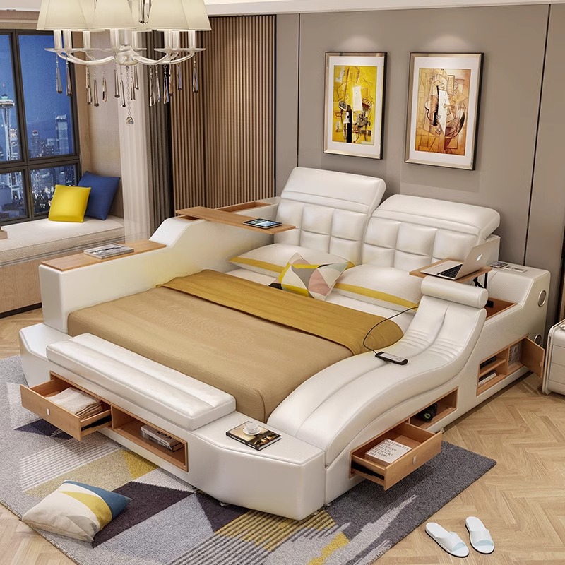 Modern minimalist leather bed master bedroom large household multifunctional foreign trade tatami storage audio massage leather bed