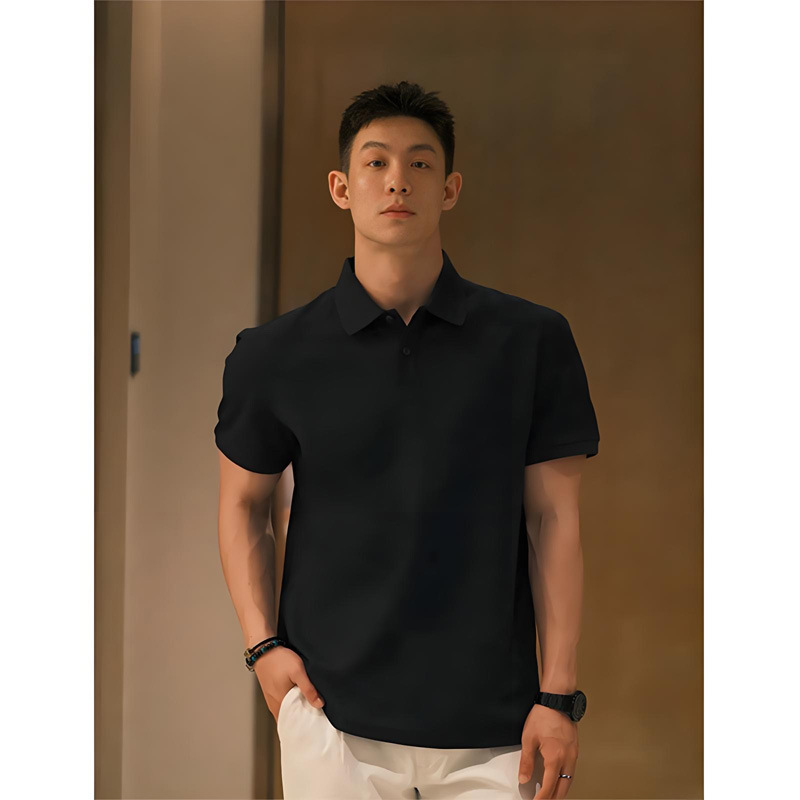黒半袖メンズポロシャツ夏ハンサムな軽い大人スタイル成熟した安定した紳士服ヘビーラペル右肩Tシャツ|undefined