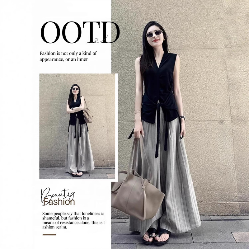 A Complete Set of Elegant and Relaxed Old Money Style Outfits for Women, Including a Waist-Cinching Vest and Drapey Striped Casual Pants