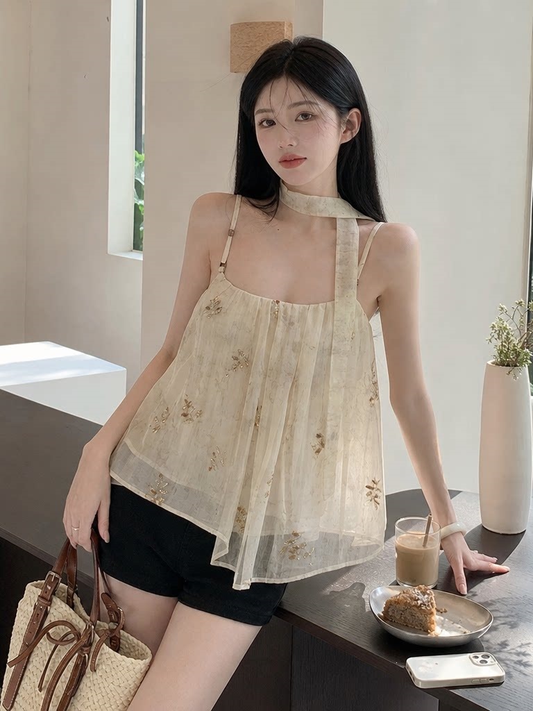 【Original Fabric】French-style heavy-duty sequin embroidery camisole for women, summer loose-fitting design chiffon top