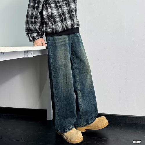 Cross-border foreign trade retro jeans, men's American fashion brand loose straight pants, washed and old, all-matching wide-leg pants