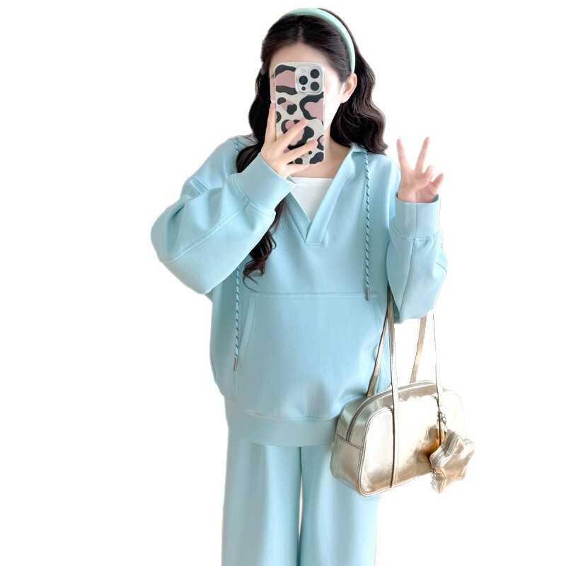 孕妇装秋冬套装潮妈新款小个子多巴胺洋气穿搭连帽卫衣长裤两件套|undefined
