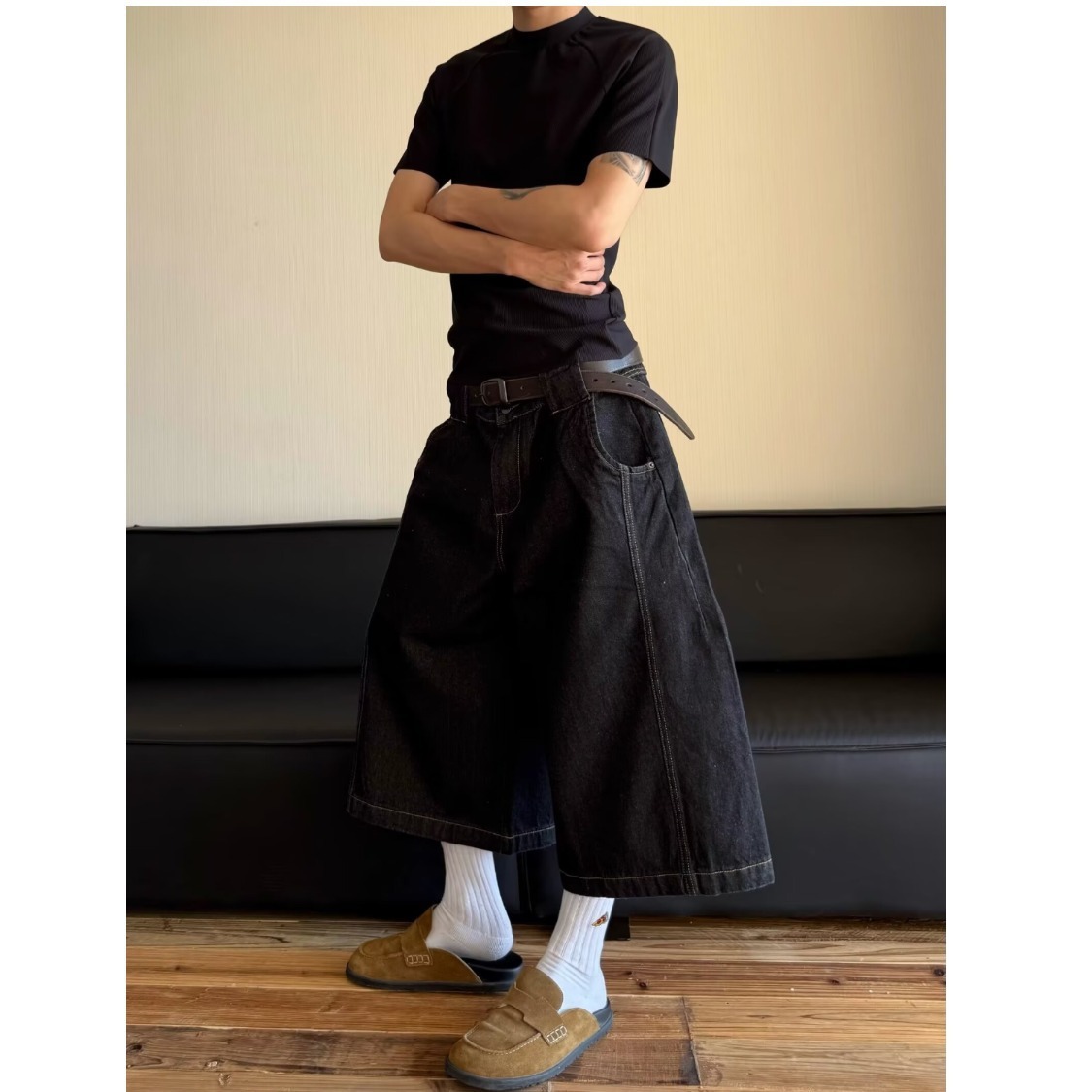 American Retro Wide-Leg Baggy Scimitar Shorts Jeans for Men and Women Summer Street Loose Casual Cropped Shorts