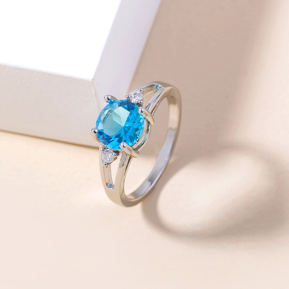 European and American Foreign Trade CrossBorder Fashion Deep Sea Blue Gem MicroInlaid Zircon Ring Female Ring Ornamentpicture4