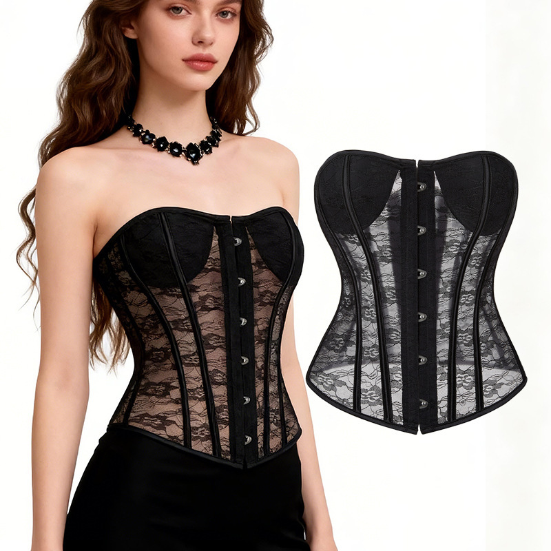 European and American lace black court-style corset, tight-fitting bodice with semi-transparent cups and fishbone shapewear, cross-border women's dress European and American lace black court-style corset, tight-fitting bodice with semi-transparent cups and fishbone shapewear, cross-border women's dress