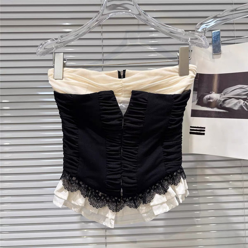 2025 New Autum Style Pure Lust Style Lace Splicing Edge Contrasting Color Design Tube Top Vest Slim Short Versatile Top