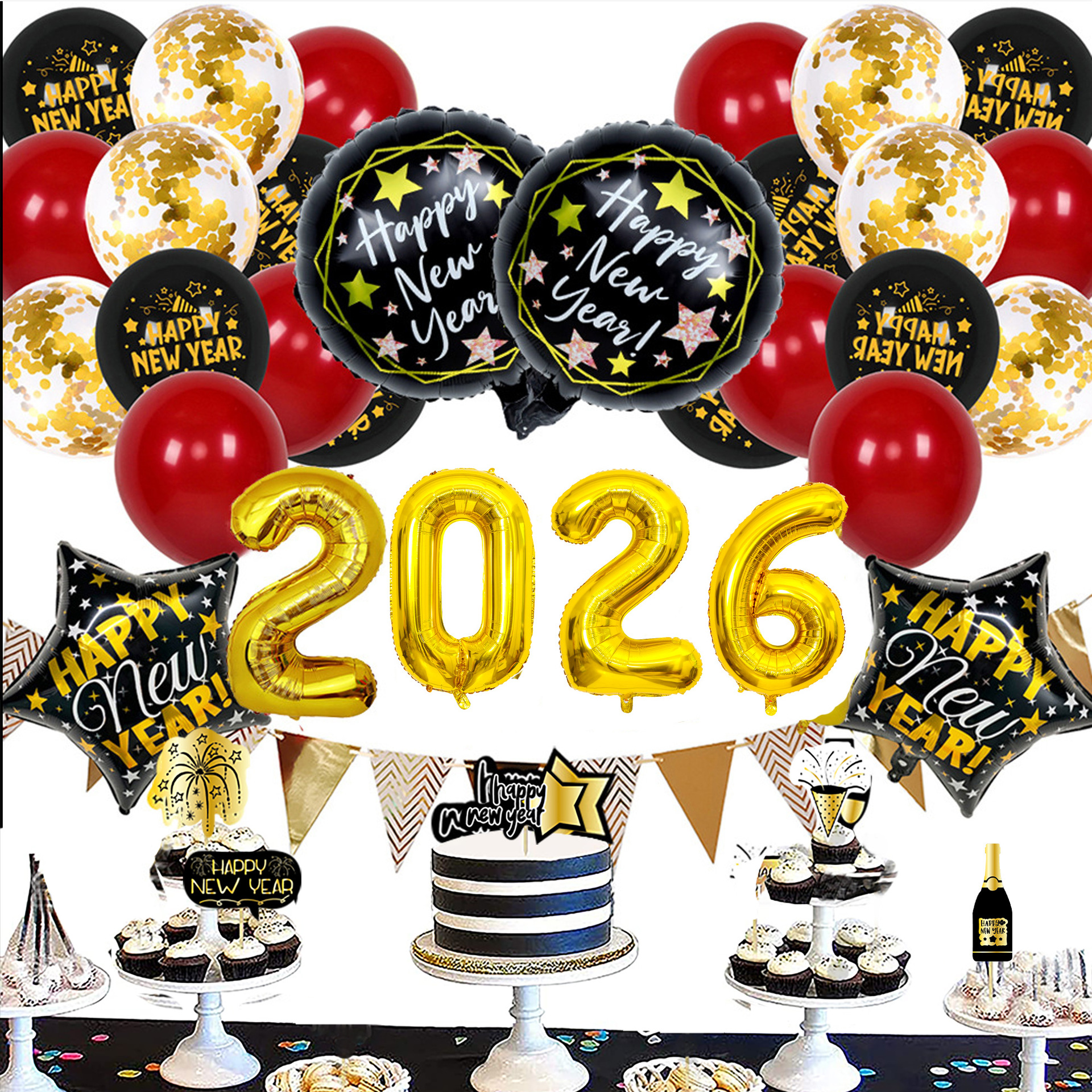 Set de Globos Decorativos Dorados de Año Nuevo 2026 - Pack de 3