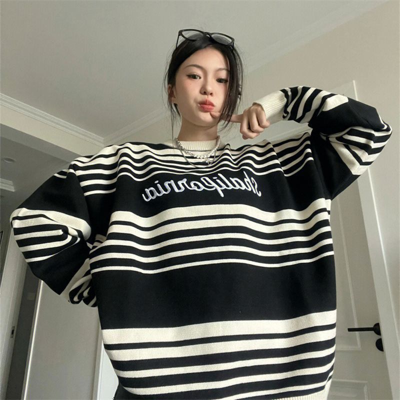 Women's Loose Japanese Style Retro Striped Sweater Image 2