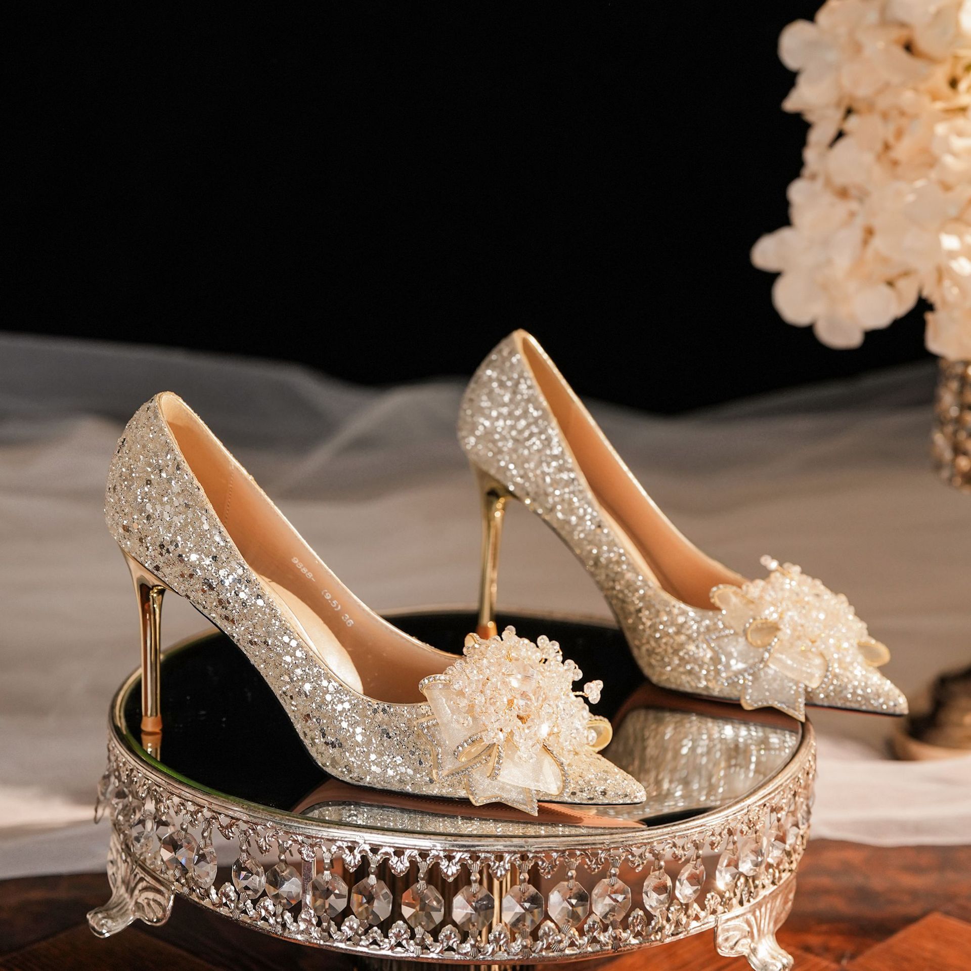 6681-23-078 shiny glitter applique rhinestone high heels prom wedding party dress wedding shoes