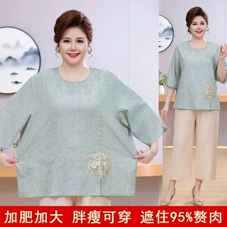 妈妈夏季大码棉麻套装中老年女装加肥加大夏装短袖T恤裤子两件套
