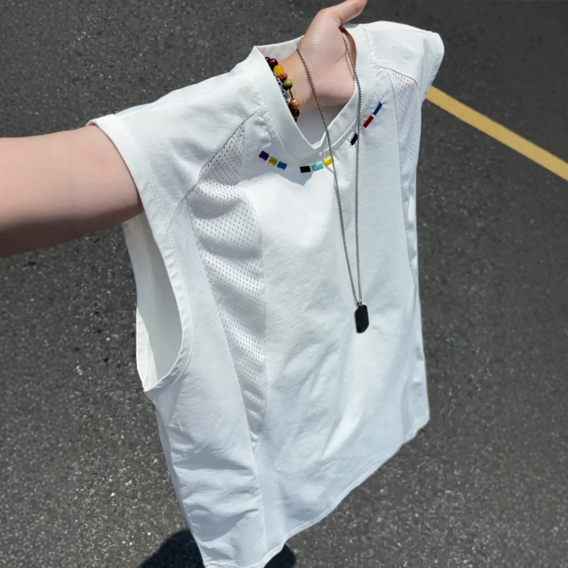 American-style patchwork mesh breathable quick-drying vest for men, summer cooling embroidered sleeveless T-shirt, sports vest, undershirt