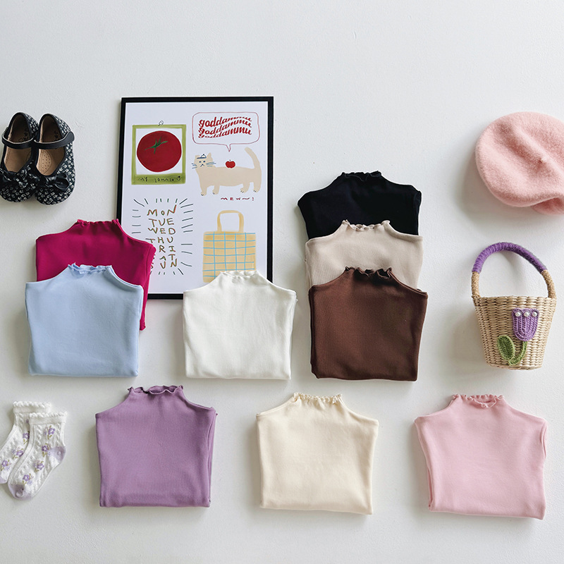 Korean-Style New Simple Brushed Warm Half-Turtleneck Slim-Fit Top for Toddlers and Young Children, Autumn and Winter Base Layer Shirt for Baby Girls