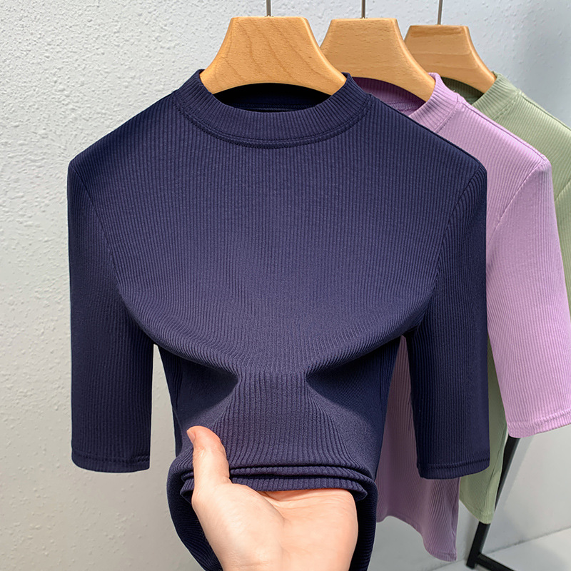 Camisa de fondo de hilo de mujer 2023 nueva camiseta de media manga de cuello alto elegante para mujer Camiseta de media manga interior elástica