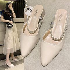時尚外穿半拖鞋女2022春夏新款拖鞋兩穿尖頭粗跟韓包頭高跟涼鞋女