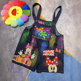 欧货2024春夏季新款重工钉珠涂鸦卡通亮片牛仔背带短裤女跨境潮牌