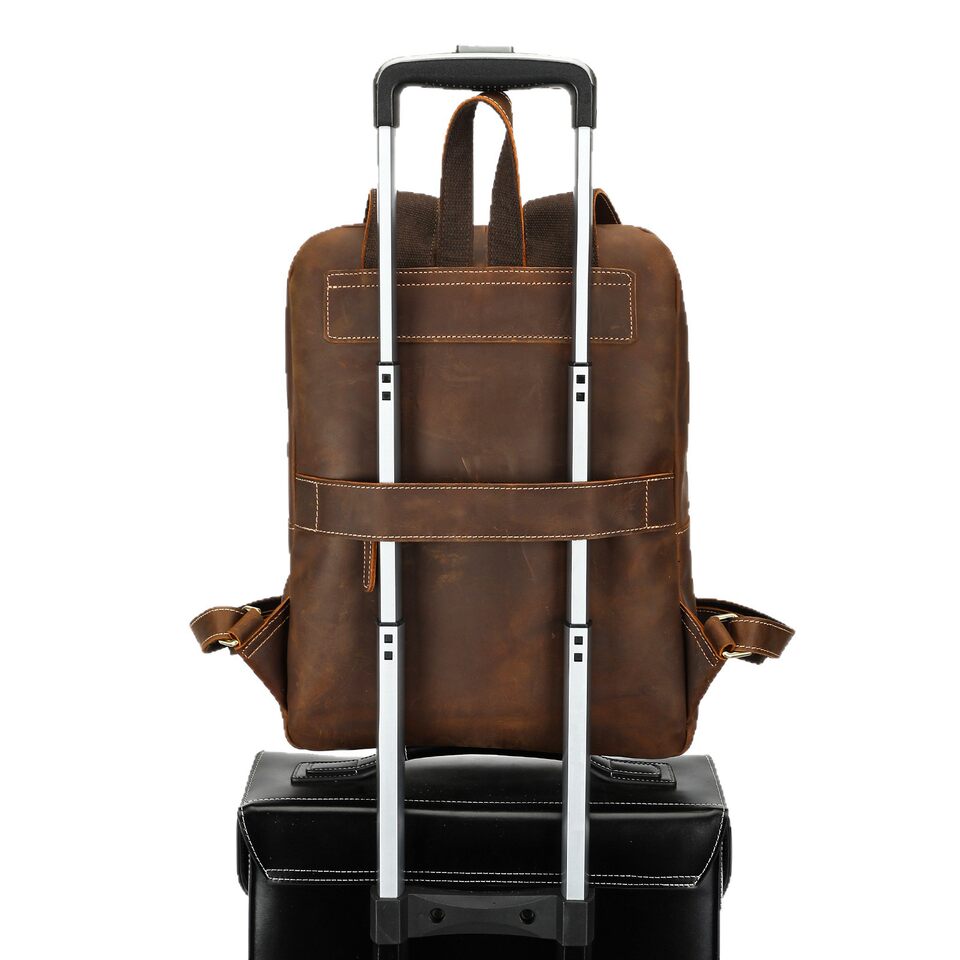 Ba lô nam da bò thật da ngựa điên phong cách Âu Mỹ cổ điển dung tích lớn 32×13×38 cm kèm ngăn laptop 15 inch — màu đen, Màu cà phê, Màu nâu đậm