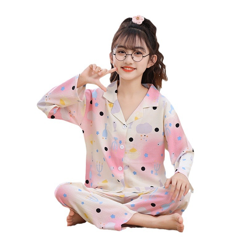 Pijamas infantiles primavera y otoño delgada espuma tela arrugada ropa para el hogar niñas dibujos animados aire acondicionado ventilado ropa de verano