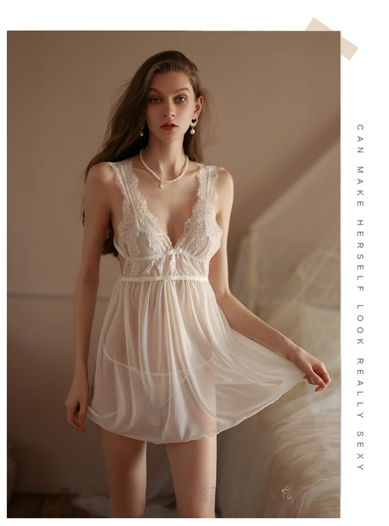 Wine-Red Lace Mesh Babydoll Nightgown with Short Skirt Design, See-Through Wholesale Lingerie — detail image 16