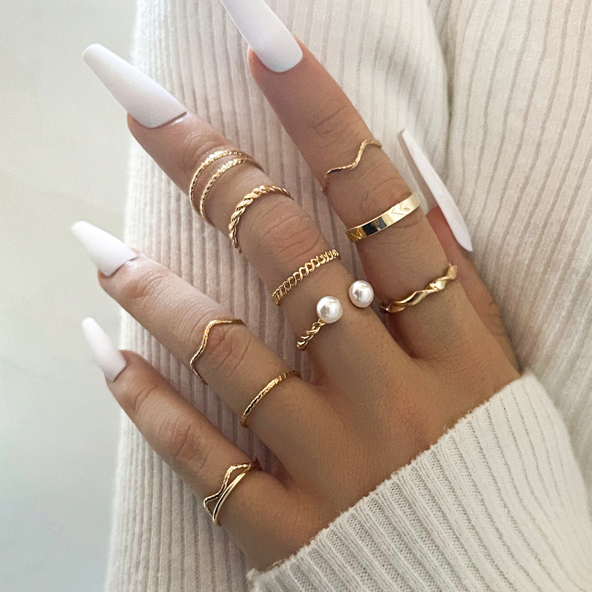 European And American Trend Simple Wave Twist Open Pearl Joint Ring 10 Ten-piece Ring display picture 1