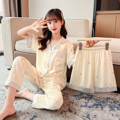 Children's 3-Piece Pajama Set 2024 Summer New Air Conditioning Suit Neutral Cardigan Cartoon Short Sleeve Chiffon Homecoming Clothes