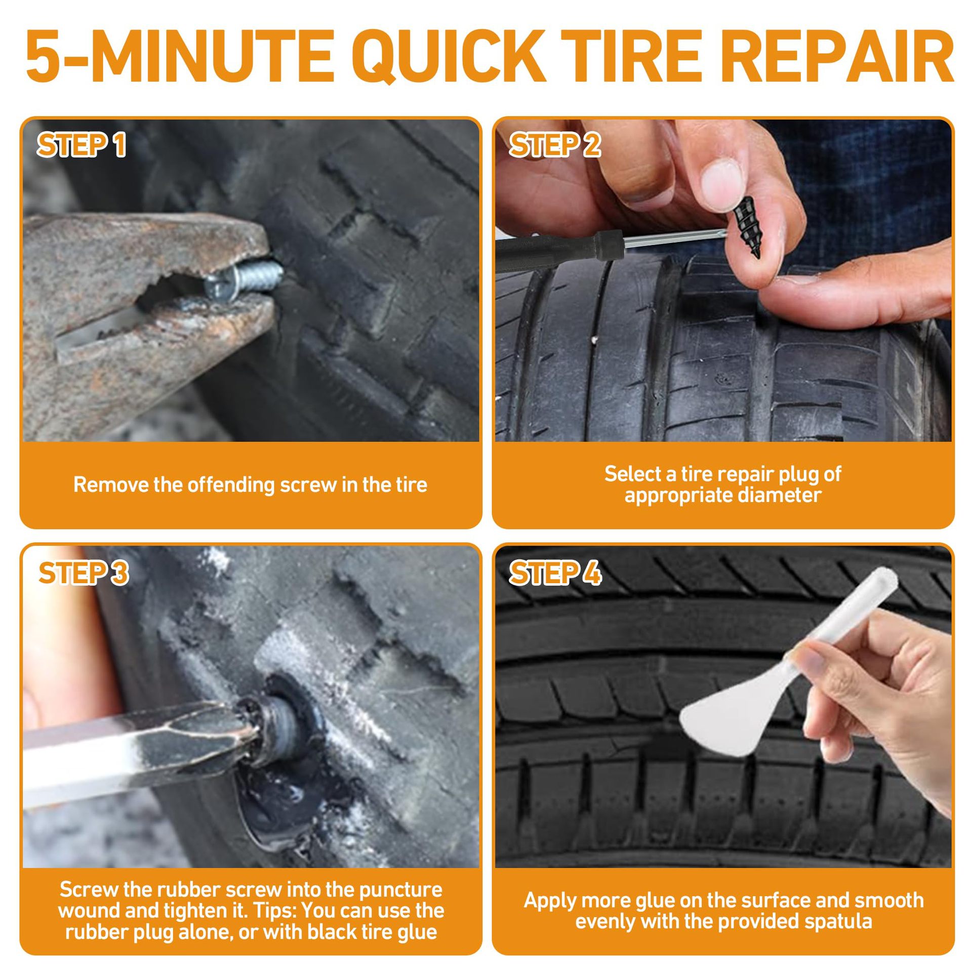 40 Pcs Tire Repair Rubber Nail Set, Including 2 Tubes of Black Tire Sealant