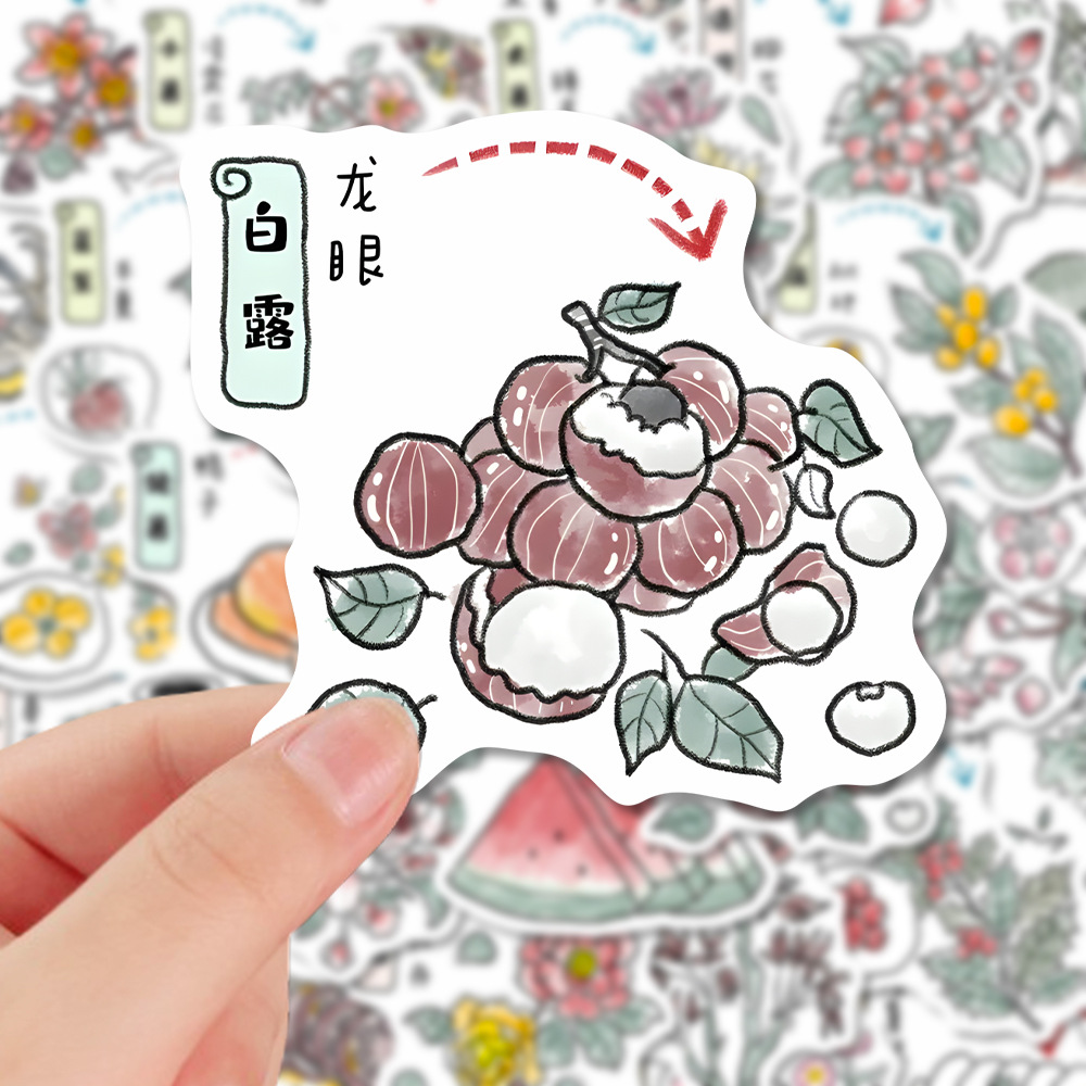 96 Stickers of Twenty-Four Solar Terms, Food and Flowers, Chinese Traditional Knowledge, Waterproof Stickers for Mobile Phones and Notebooks
