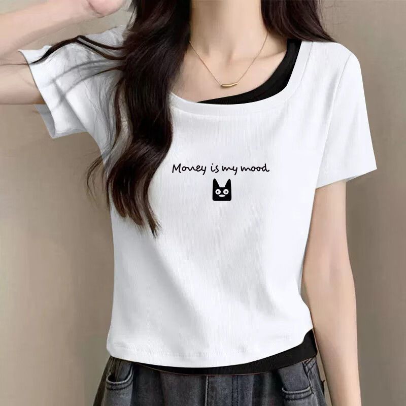 偽ツーピース純綿半袖 Tシャツ女性のための 2025 夏の新しい韓国スタイルスクエアネック右肩プリント不規則な Tシャツ女性のための|undefined