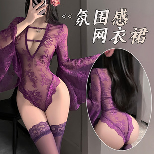 曼欲 Sexy lingerie, sexy see-through jumpsuit, pure lust, bell sleeves, lace pajamas, deep V hollow uniform 9392