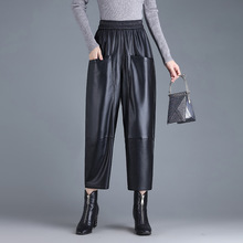 2023年秋款简约宽松时尚PU皮裤时髦锥形裤松紧腰气质修身小脚裤