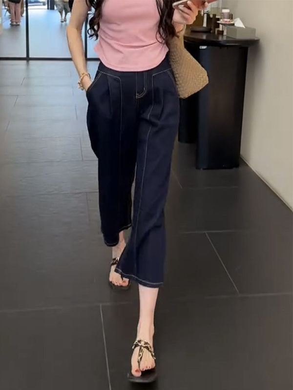 小个子八分阔腿牛仔裤女春秋2025新款高腰宽松显高显瘦九分直筒裤|undefined
