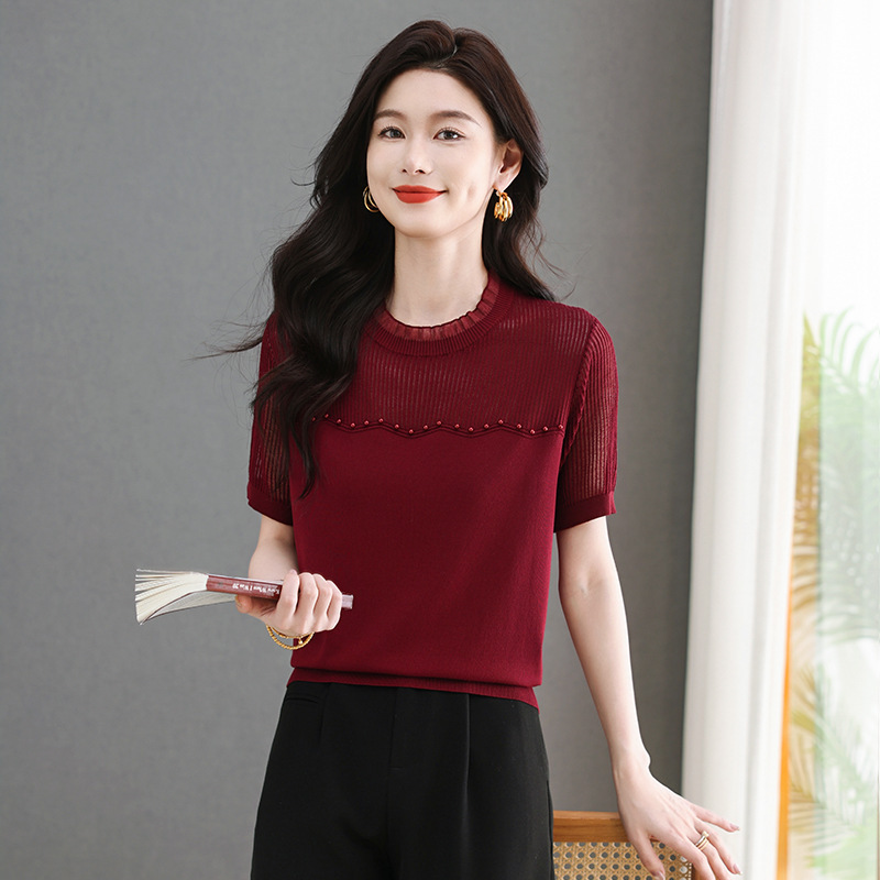 Brand High-End Summer Short-Sleeved T-Shirt Fashionable Classic Mother Slimming Look Half-Sleeved Top Mulberry Silk Pure Color Knitwear