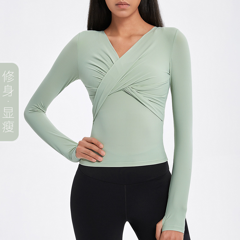 Ropa de yoga europea y americana fitness hilo Cruz plisado deportes superior transpirable correr manga larga superposición con cuello en V fitness ropa
