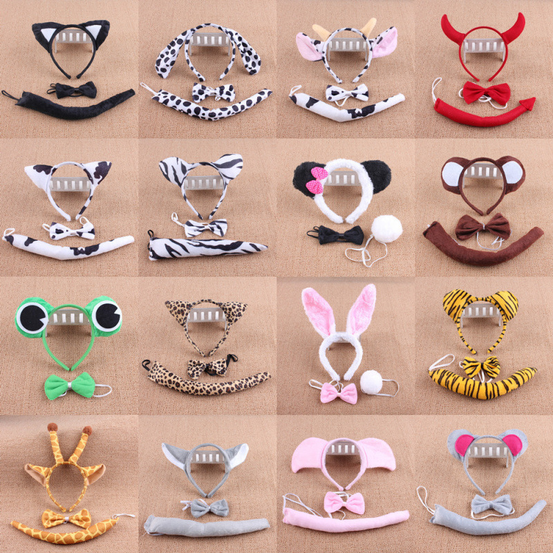 1 de junio Día de los Niños dibujos animados bandas de cabeza animales de tres piezas conejo gato tigre orejas collar cola
