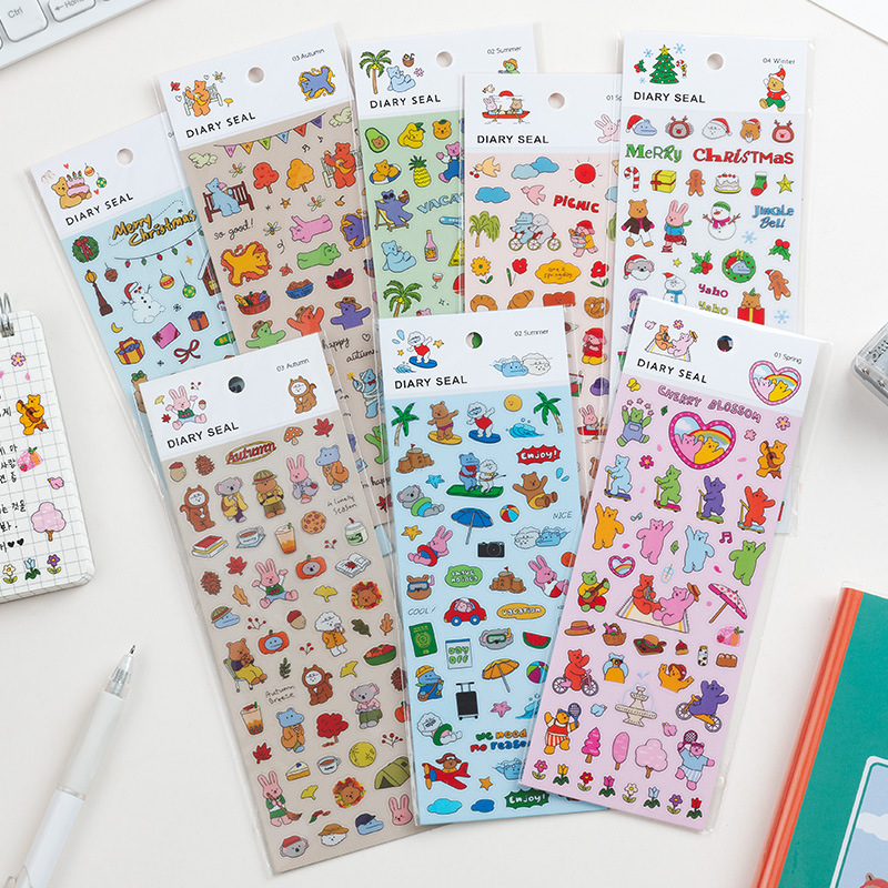 Oso feliz serie impermeable PVC Navidad pegatinas decorativas ins estilo lindo material de dibujos animados animal diario papelería pegatinas