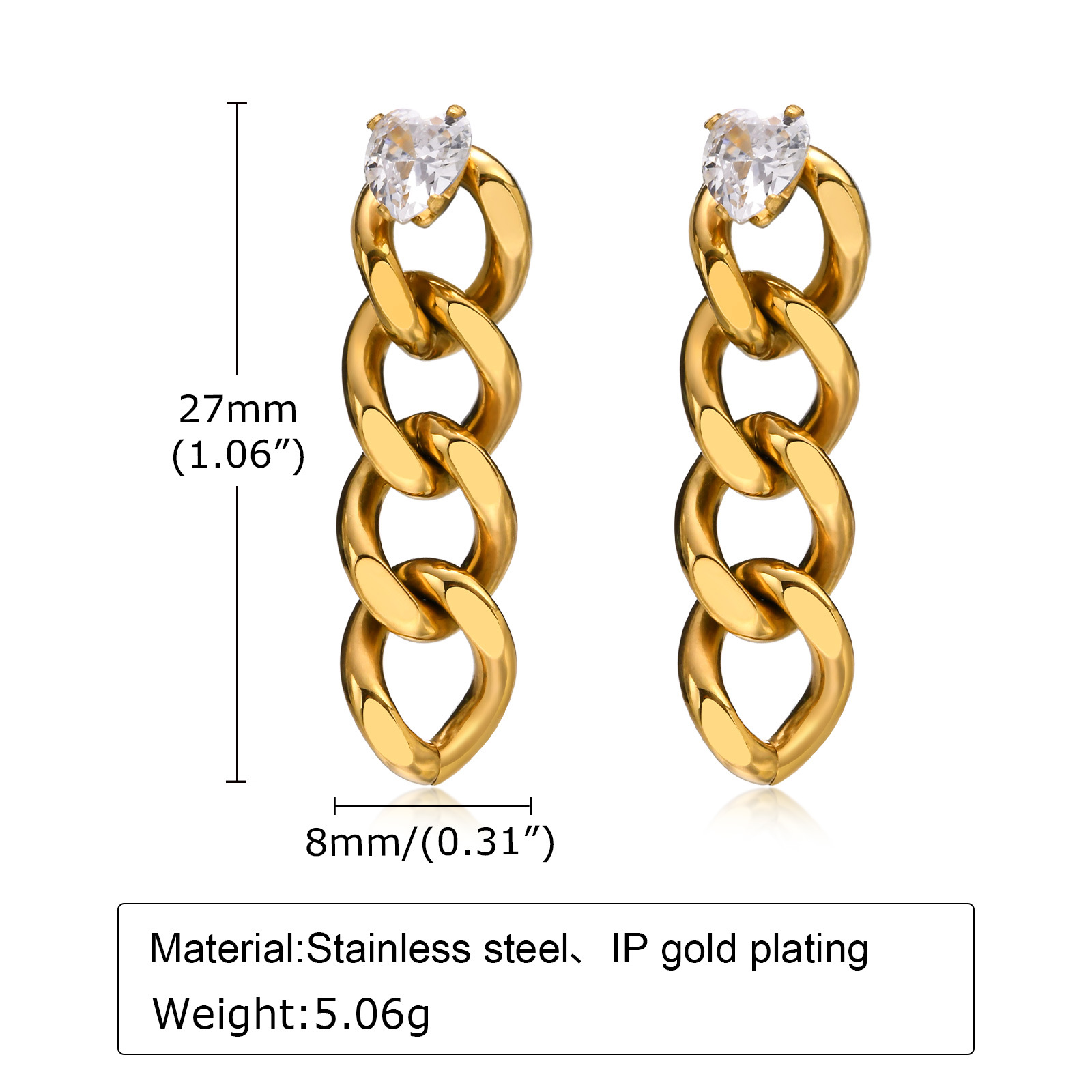 Fashion Heart Shape Stainless Steel Inlay Zircon Drop Earrings 1 Pair