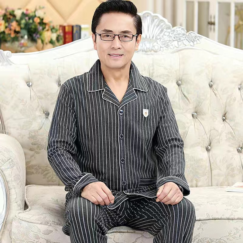 Pajama de mediana edad hombre primavera y otoño manga larga cardigán hombre de mediana edad set de ropa para el hogar