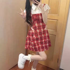 甜美清新假两件格子连衣裙子女夏季2026新款小个子学院风收腰短裙