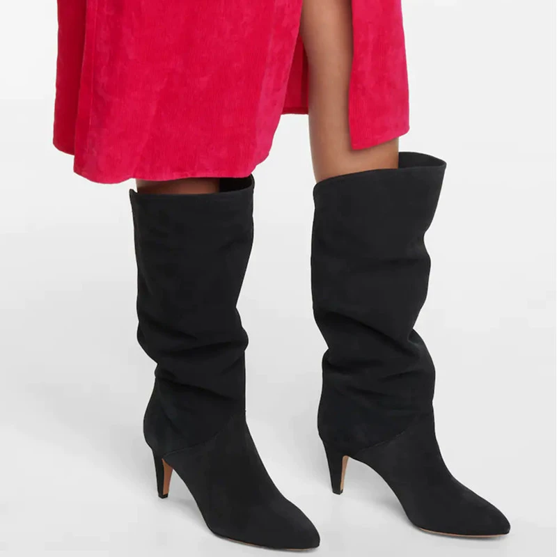 Внешняя торговля 2021 осень-зима Новые утягивающие сапоги на среднем каблуке с острым носком и круглым носком на шпильке с рукавами Европейские и американские ботинки рыцаря больших размеров