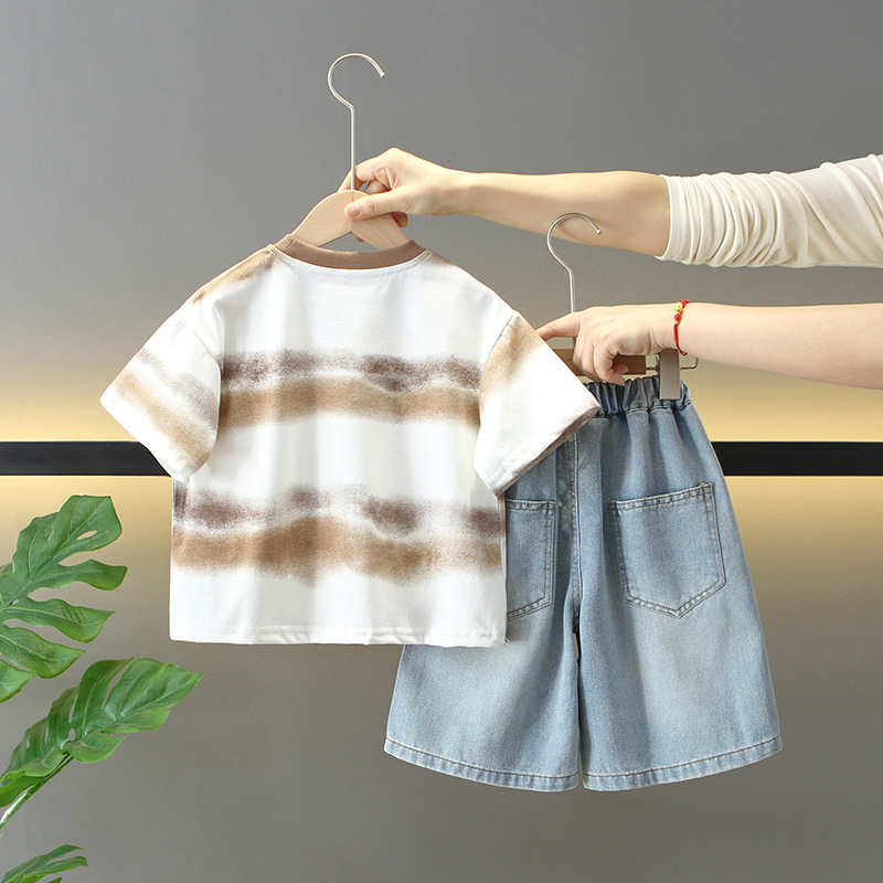 7915 traje de jeans de verano para niños 2025 nueva ropa de moda para bebés ropa para niños de dos piezas de verano