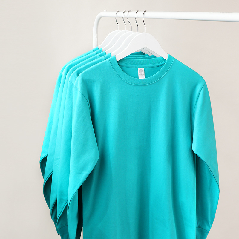 250g heavy lake blue water green cotton long sleeve men's small neckline women's T-shirt loose retro top base 250g heavy lake blue water green cotton long sleeve men's small neckline women's T-shirt loose retro top base