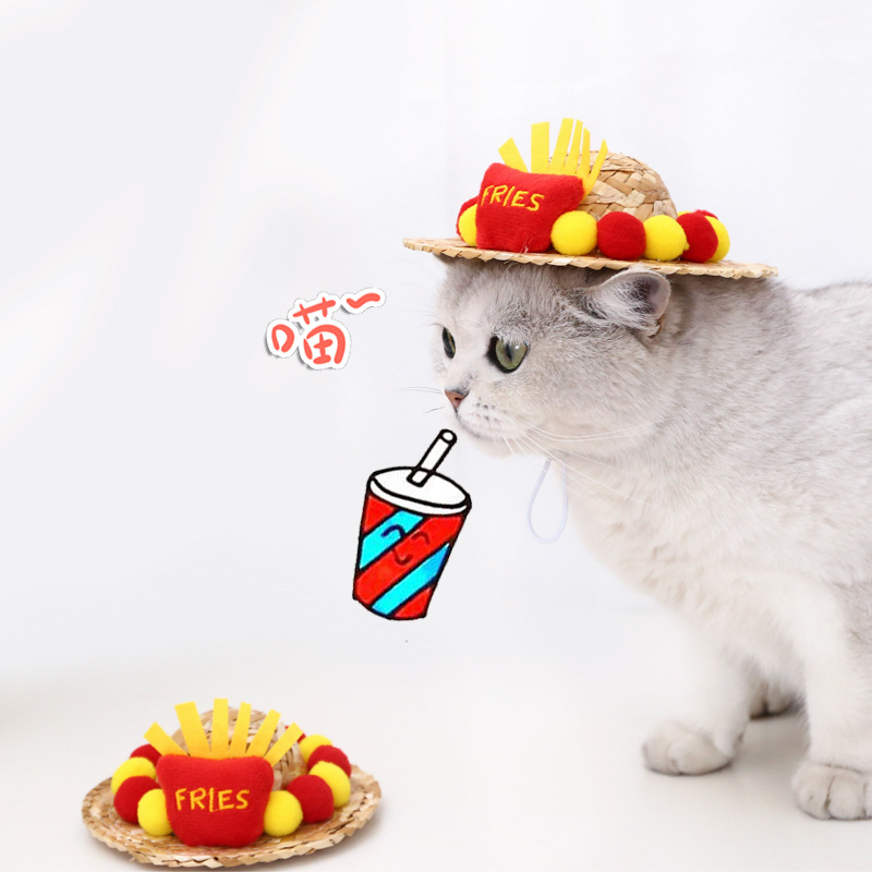 Mascota tejida de dibujos animados lindo papas fritas ajustable gato perro sombrero de paja sombrero de sol de verano divertido sombrero de carta de comercio exterior