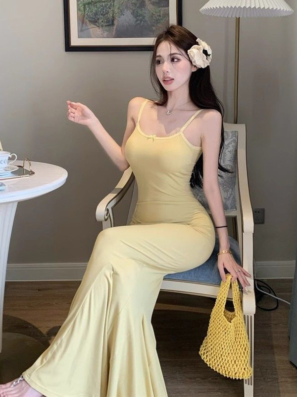 Sweet Milky Yellow Pure Desire Sexy Graceful Curve-Hugging Spaghetti Strap Dress for Women, Summer Slimming Fishtail Long Dress Sweet Milky Yellow Pure Desire Sexy Graceful Curve-Hugging Spaghetti Strap Dress for Women, Summer Slimming Fishtail Long Dress