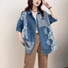 牛仔衬衫女2025春夏新款休闲五分袖中长款学生大码宽松衬衣外搭