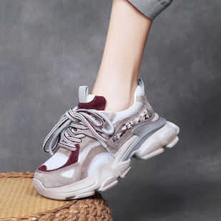 Jishu 24 Autumn Genuine Leather Colorblock Thick-soled Casual Sports Women's Shoes Double-colored Shoelace Mid-heel Lightweight Torre Shoes