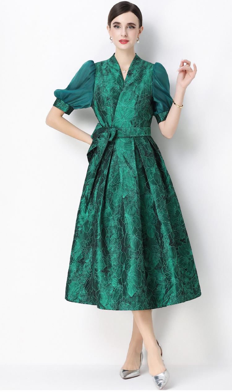 Đầm maxi nữ thắt eo V cổ tay ngắn họa tiết jacquard thanh lịch — màu đen, xanh lam, Màu hồng, màu trắng chi tiết 7
