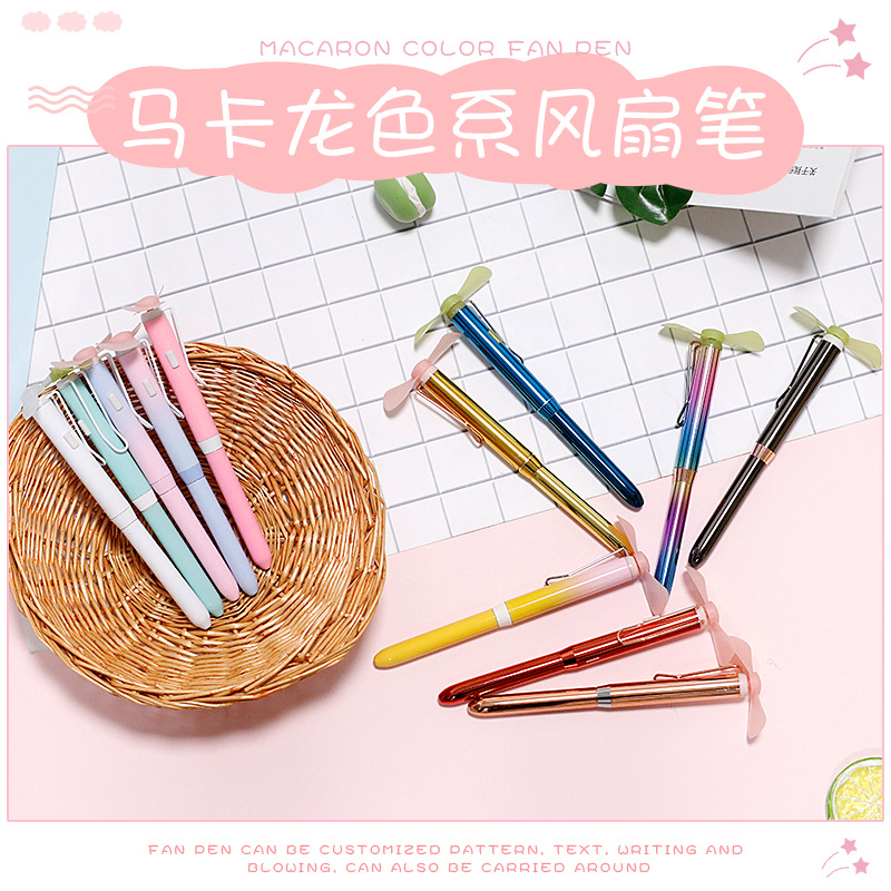 En stock mini ventilador pluma estudiante suministros multifuncional escritura pluma escuela publicidad ventilador pluma