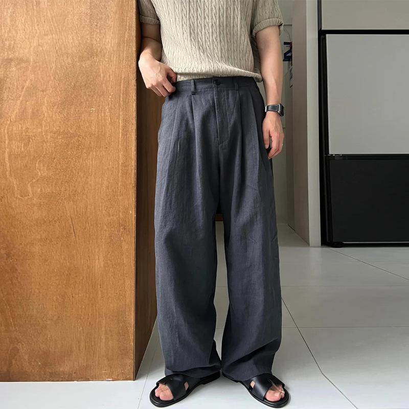 Lightweight Linen Casual Pants for Men 2026 Summer New Korean Style Simple Lazy Style Floor-Length Double-Pleated Wide-Leg Pants Wholesale Lightweight Linen Casual Pants for Men 2026 Summer New Korean Style Simple Lazy Style Floor-Length Double-Pleated Wide-Leg Pants Wholesale
