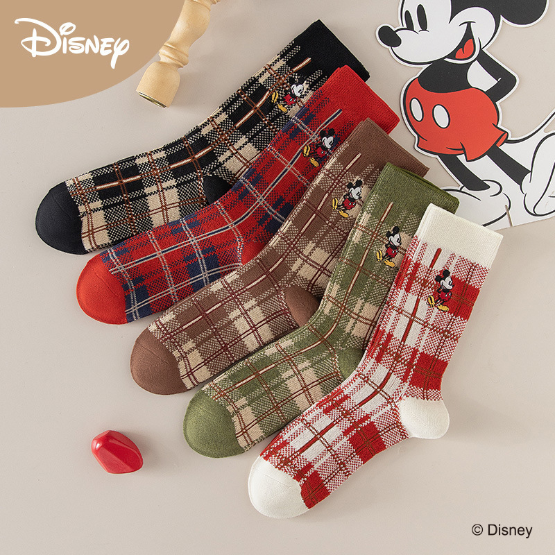Autumn and Winter Socks for Women Cartoon Mickey Mouse Mickey Embroidered Women's Mid-Calf Socks Plaid Cotton Socks Autumn and Winter Socks for Women Cartoon Mickey Mouse Mickey Embroidered Women's Mid-Calf Socks Plaid Cotton Socks