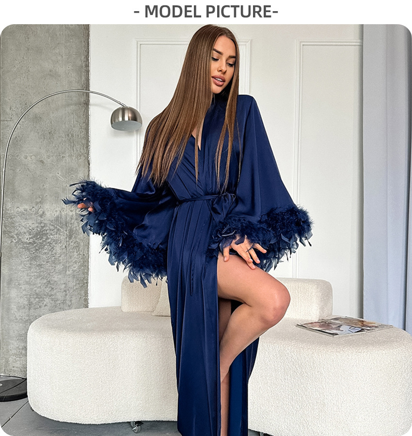 Dames kimono badjas met veren afwerking stijlvolle loungewear_voghion.com