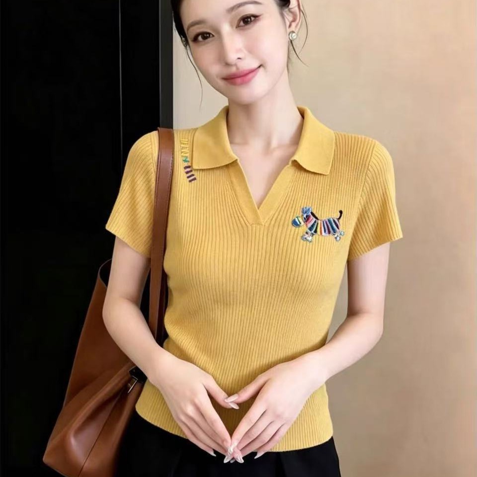 Áo thun cổ Polo nữ tay ngắn chất liệu cotton lạnh thêu hình ngựa nhỏ — màu tím chi tiết 2